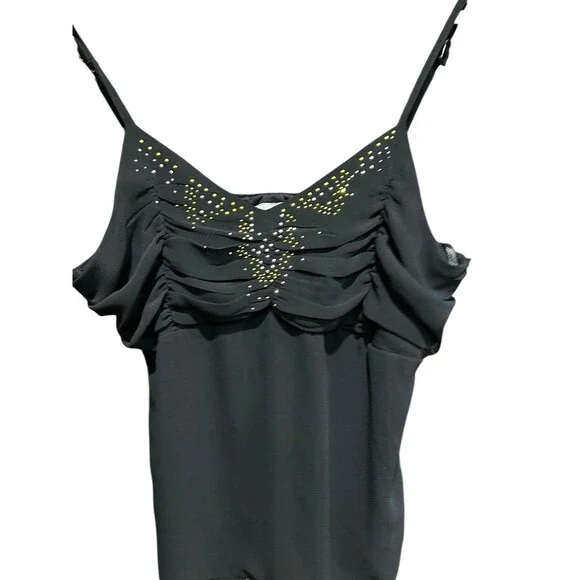 Unique Spectrum Vintage Top 90s Y2K Black Rhinestone Spaghetti Strap Sheer - Picture 5 of 5